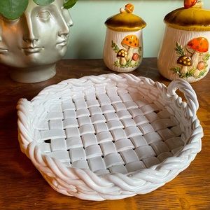 Vintage Ceramiche Castellan White Woven Ceramic Fruit Basket  / Made in Italy